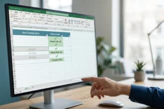 Une main pointe un écran affichant un tableau Excel sur la gestion des données, avec des lignes marquées « empty » (vides).