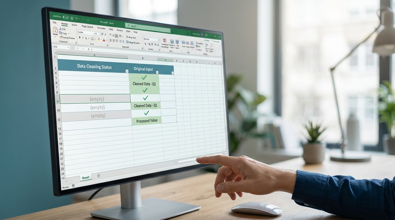 Une main pointe un écran affichant un tableau Excel sur la gestion des données, avec des lignes marquées « empty » (vides).