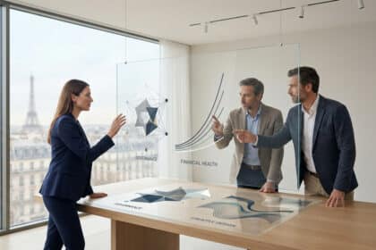 Trois professionnels discutent de données sur des écrans en verre transparent face à une vue panoramique de Paris.