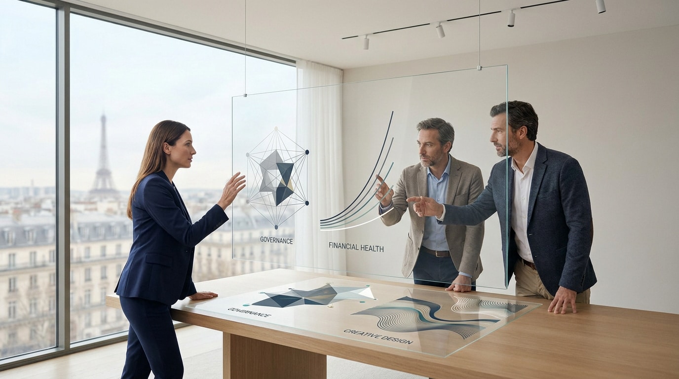 Trois professionnels discutent de données sur des écrans en verre transparent face à une vue panoramique de Paris.