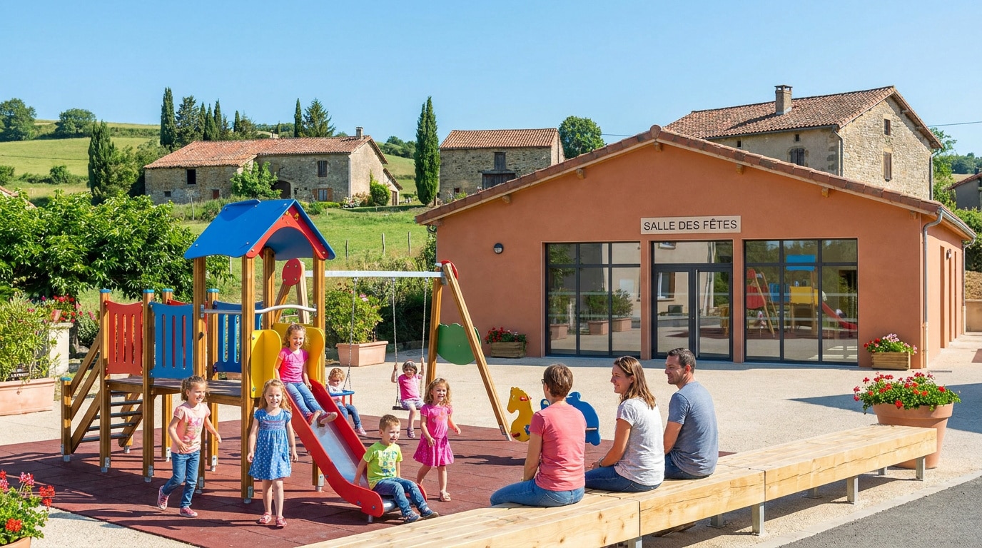 Enfants jouant dans une aire de jeux devant une salle des fêtes en zone rurale