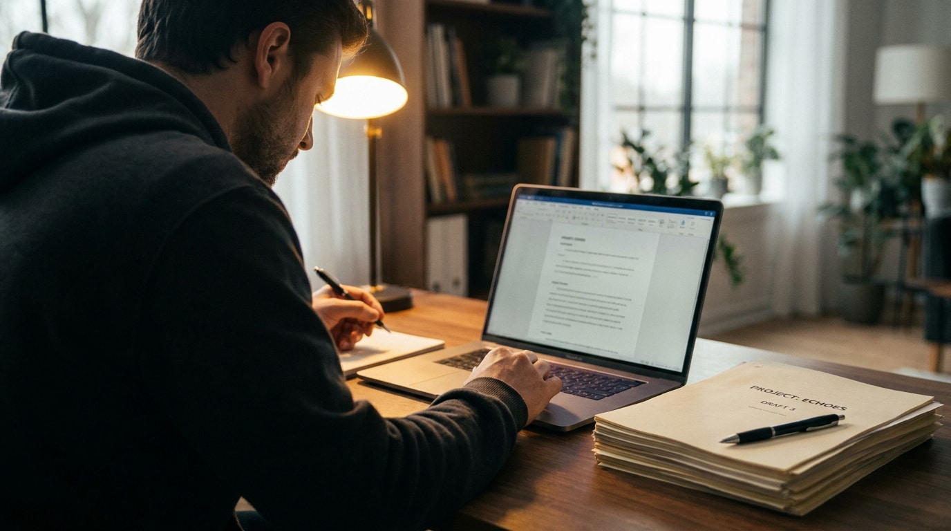 Un scénariste travaille sur son ordinateur et prend des notes dans son bureau personnel.
