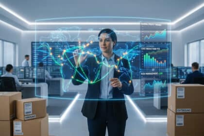 Une femme d'affaires analyse une carte logistique mondiale interactive dans un centre de contrôle de fret moderne.