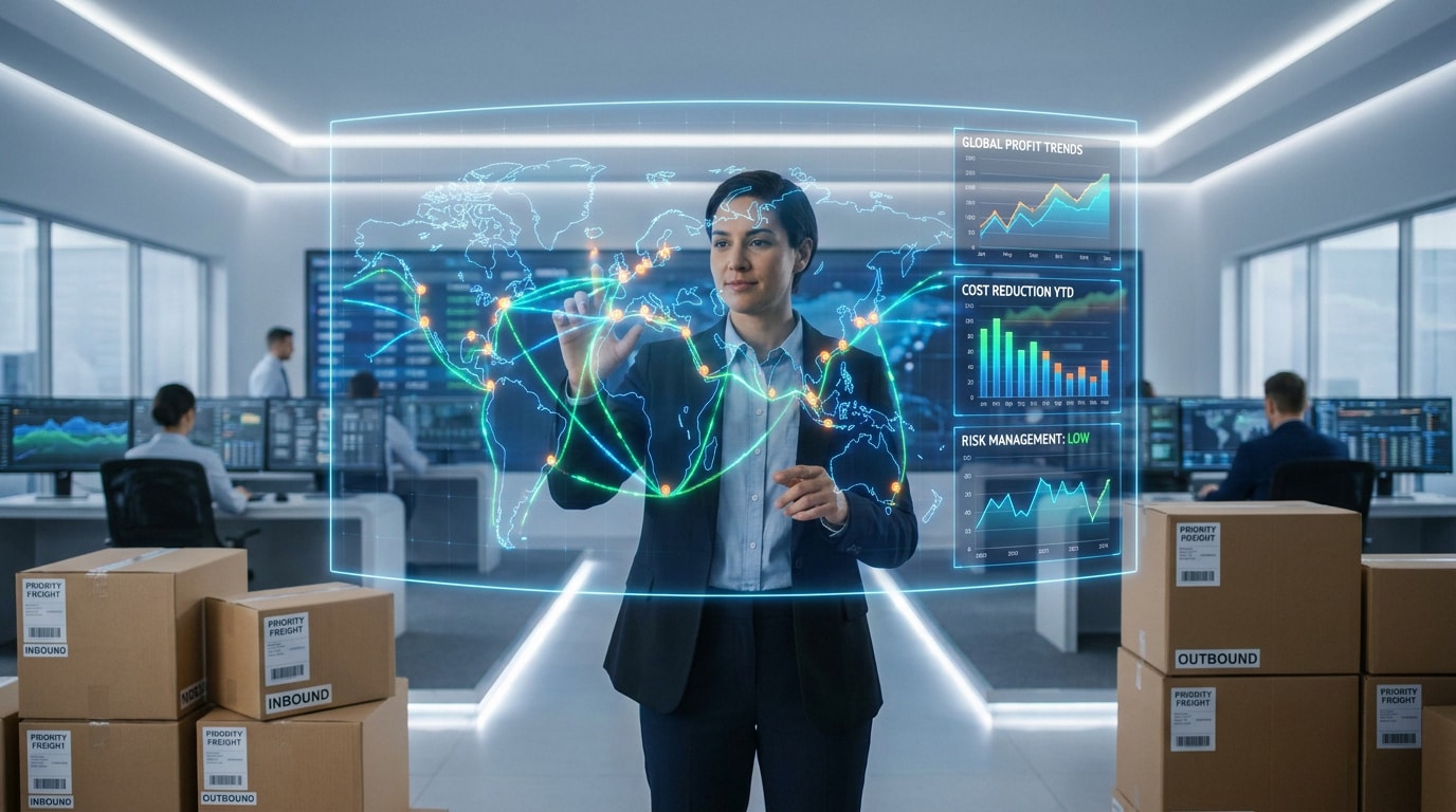 Une femme d'affaires analyse une carte logistique mondiale interactive dans un centre de contrôle de fret moderne.