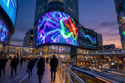 Écran publicitaire numérique géant affichant des graphismes colorés dans une ville moderne à la tombée de la nuit.