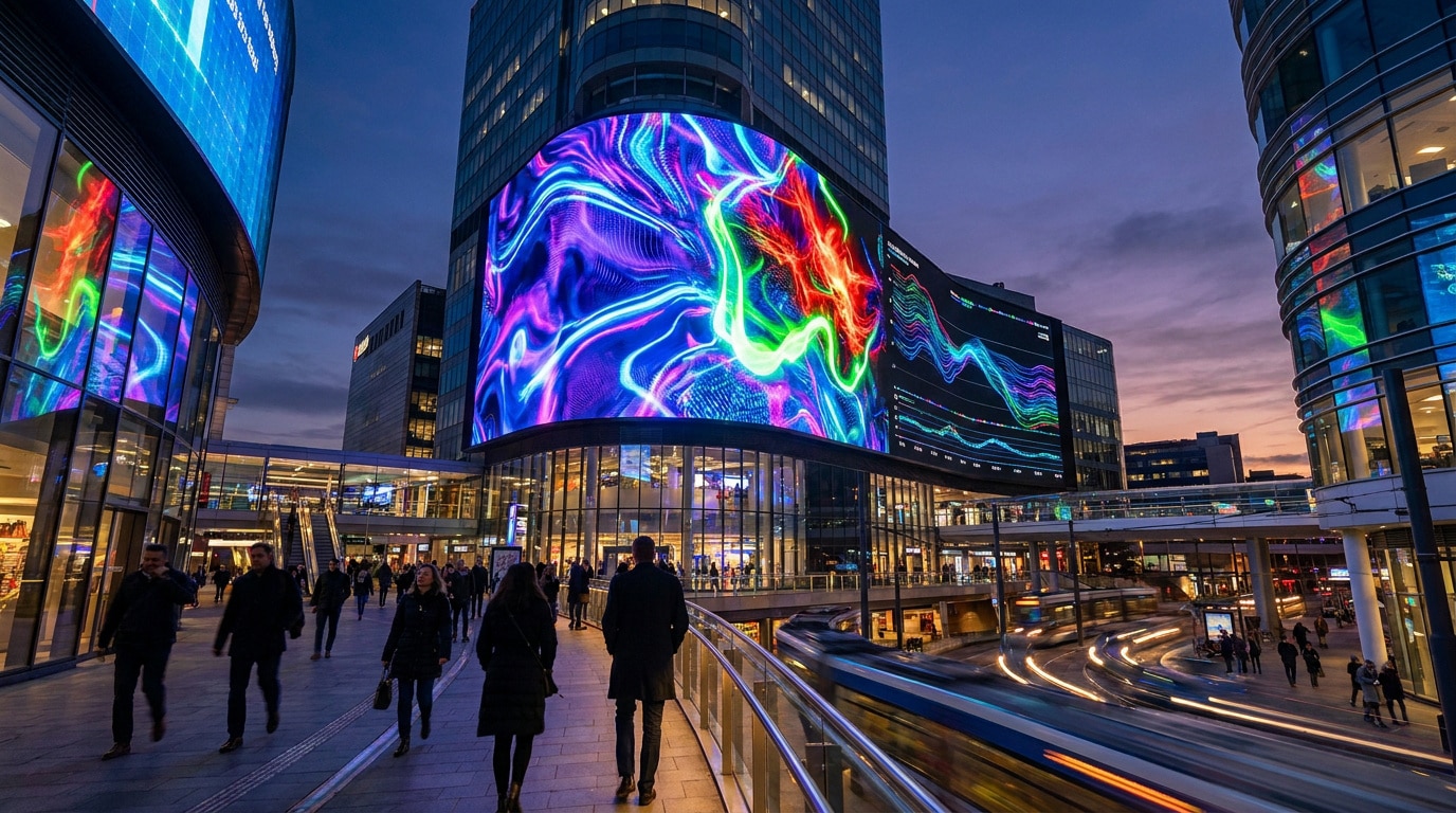 Écran publicitaire numérique géant affichant des graphismes colorés dans une ville moderne à la tombée de la nuit.