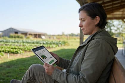 Une agricultrice assise sur une terrasse utilise une tablette pour commander du matériel agricole en ligne.