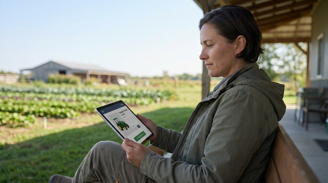 Une agricultrice assise sur une terrasse utilise une tablette pour commander du matériel agricole en ligne.