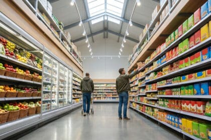 Deux hommes faisant leurs courses dans les allées d'un supermarché bien rangé.