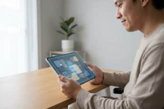 Un homme souriant consulte un schéma de processus numérique sur sa tablette dans un bureau lumineux.