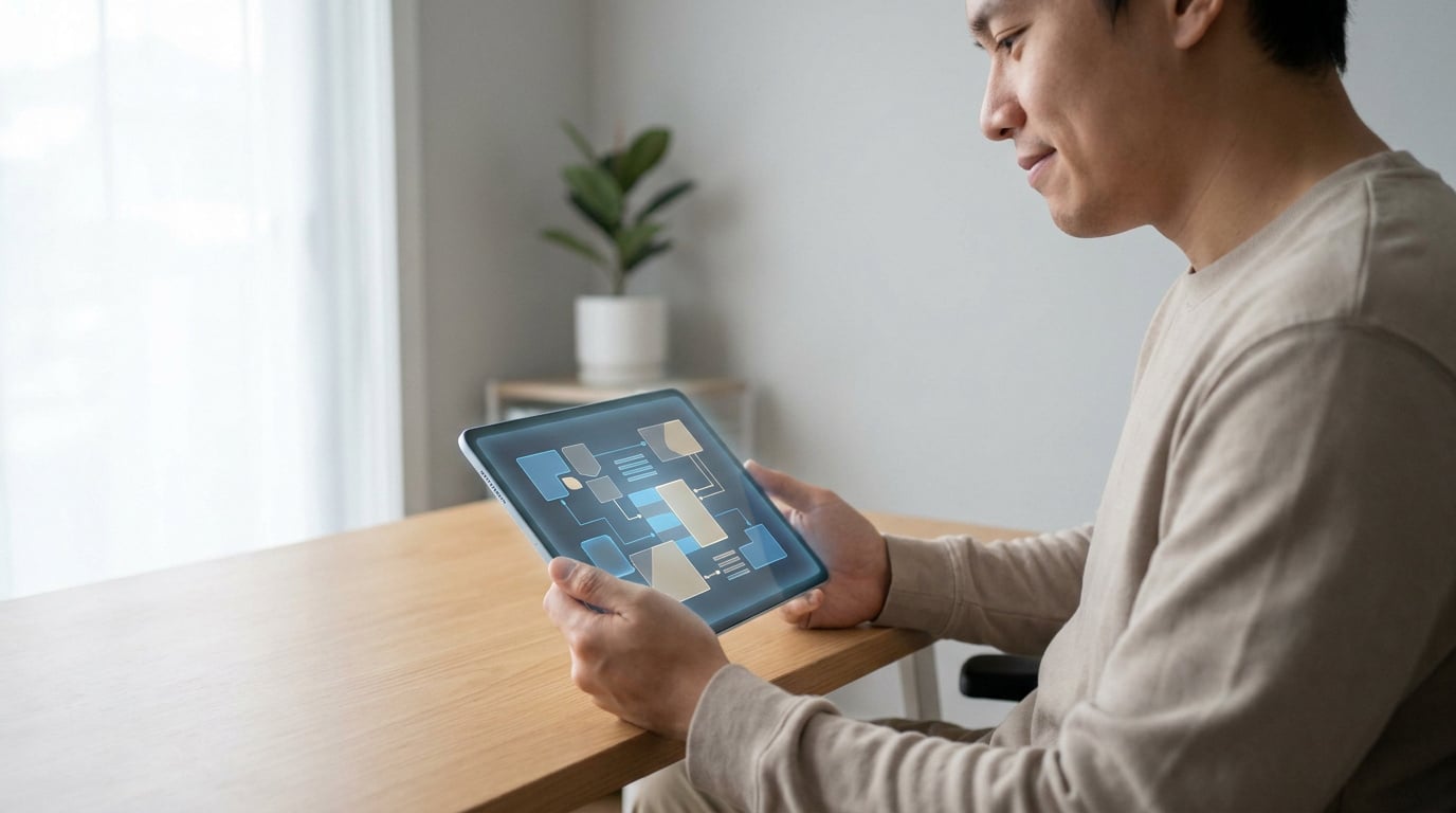 Un homme souriant consulte un schéma de processus numérique sur sa tablette dans un bureau lumineux.