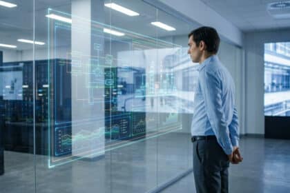 Un ingénieur analyse un schéma industriel interactif sur une vitre dans un centre de contrôle technologique.
