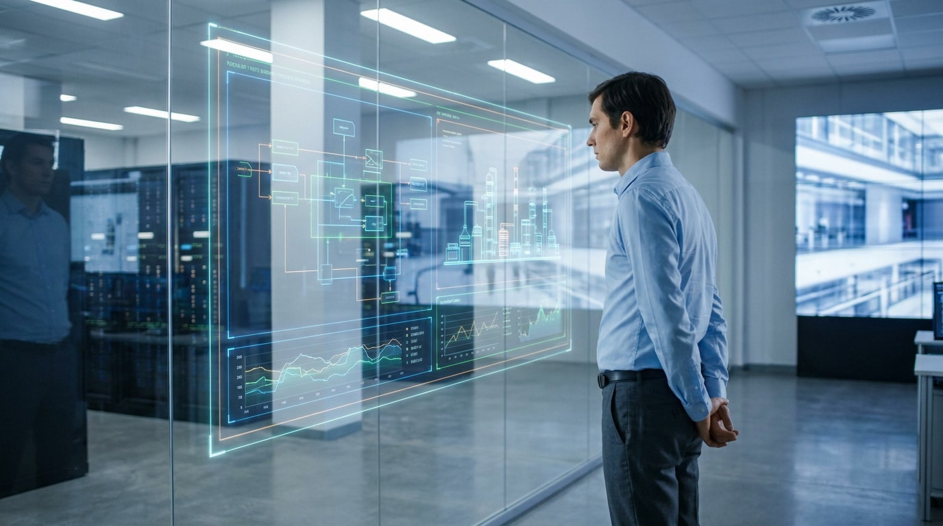 Un ingénieur analyse un schéma industriel interactif sur une vitre dans un centre de contrôle technologique.