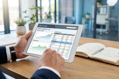 Un professionnel consulte une mercuriale de prix sur une tablette dans un bureau moderne.