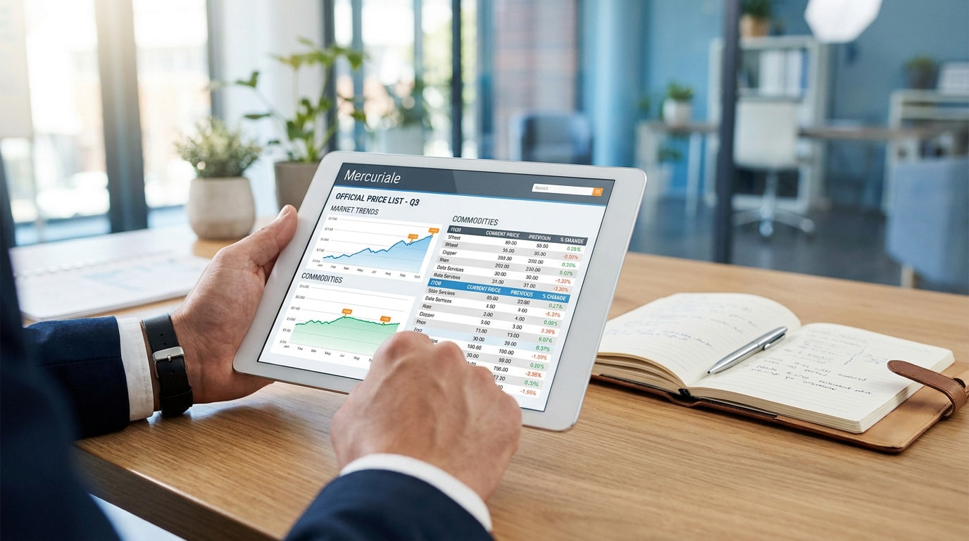 Un professionnel consulte une mercuriale de prix sur une tablette dans un bureau moderne.
