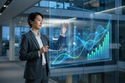 Une femme d'affaires analysant des données financières sur un écran holographique dans un bureau moderne.