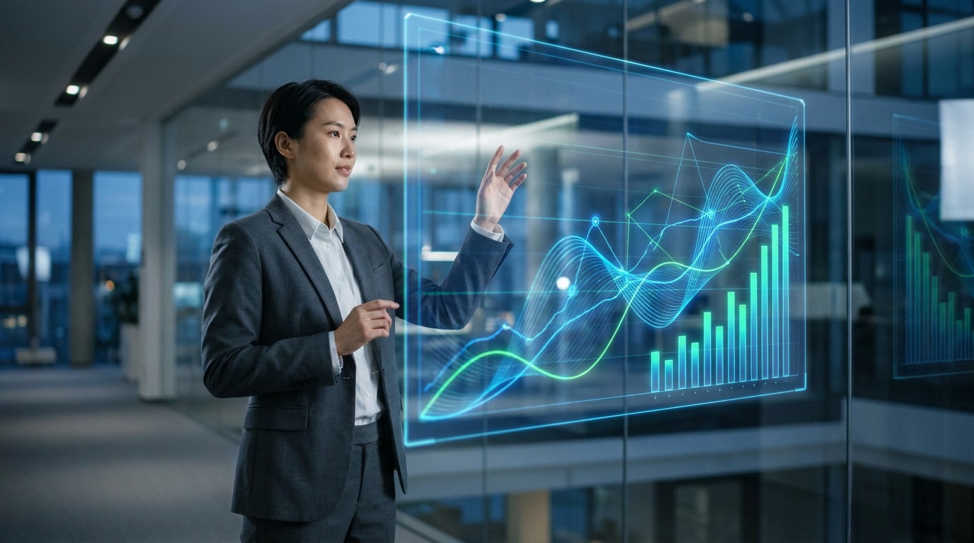 Une femme d'affaires analysant des données financières sur un écran holographique dans un bureau moderne.