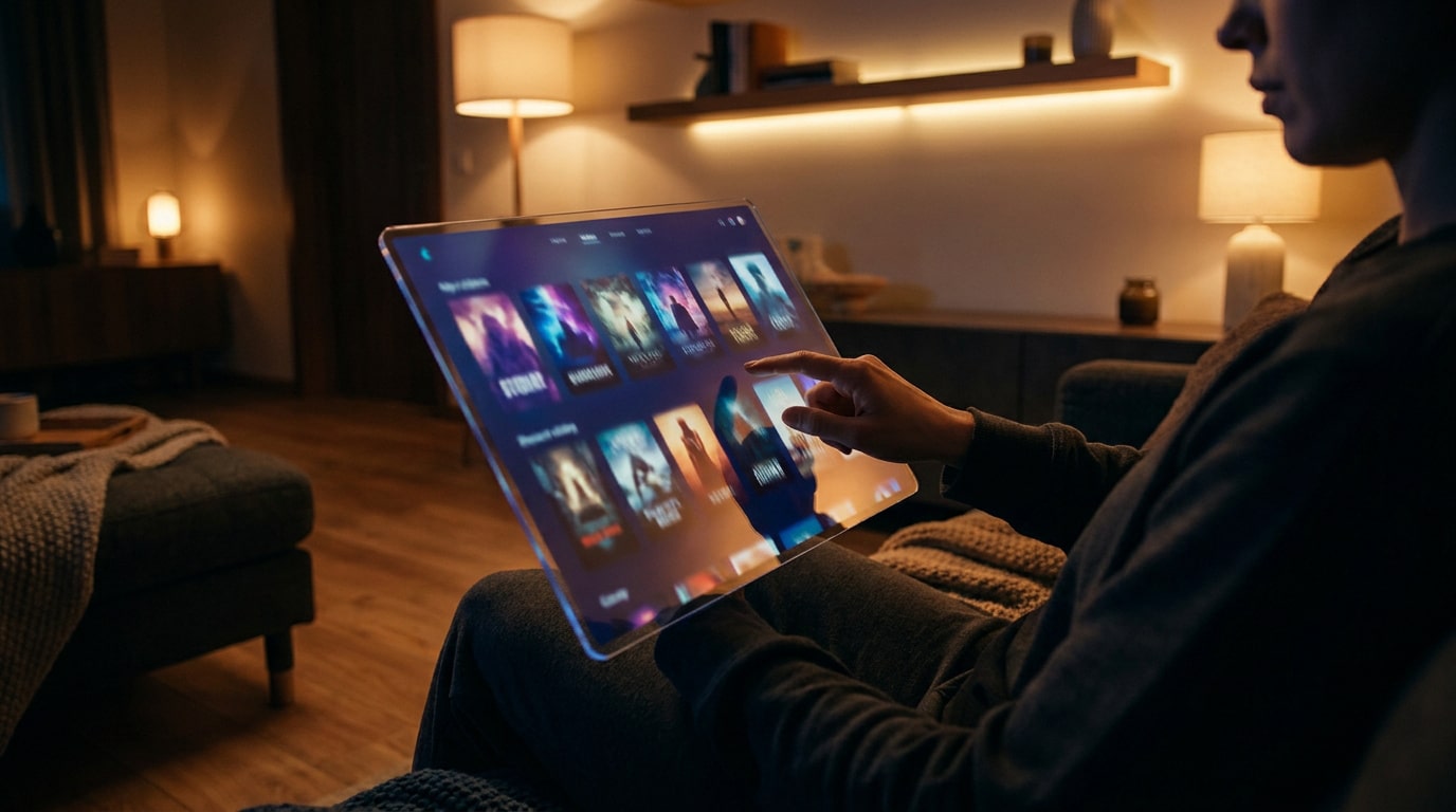 Une personne utilise une tablette transparente futuriste pour choisir un film dans une bibliothèque numérique.