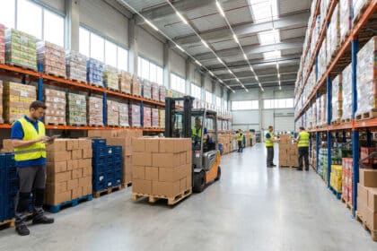 Employés en gilets réfléchissants gérant des stocks dans un grand entrepôt logistique avec chariot élévateur.