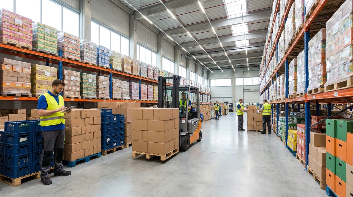 Employés en gilets réfléchissants gérant des stocks dans un grand entrepôt logistique avec chariot élévateur.