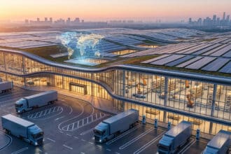 Entrepôt logistique moderne avec panneaux solaires, camions et hologramme de carte du monde au coucher du soleil.