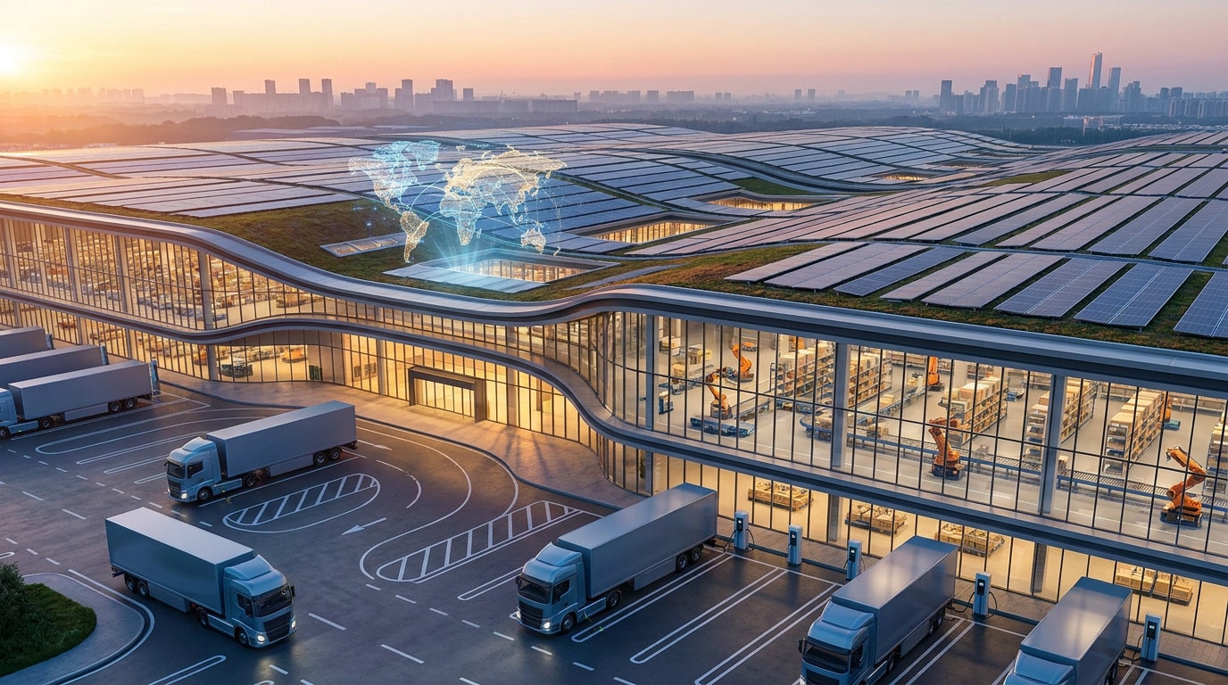 Entrepôt logistique moderne avec panneaux solaires, camions et hologramme de carte du monde au coucher du soleil.
