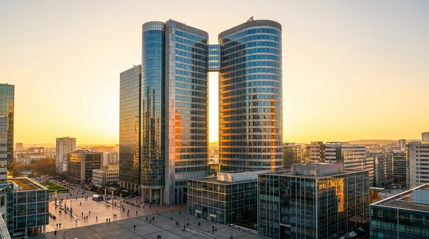 Vue panoramique du complexe Cœur Défense sous une lumière dorée de fin de journée à Courbevoie.