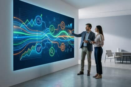 Deux professionnels analysent des données de plan média sur un grand écran interactif dans un bureau moderne.