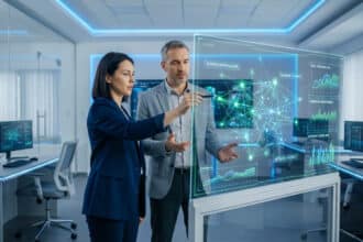 Deux professionnels analysant des données réseau sur une interface tactile holographique dans un bureau moderne.