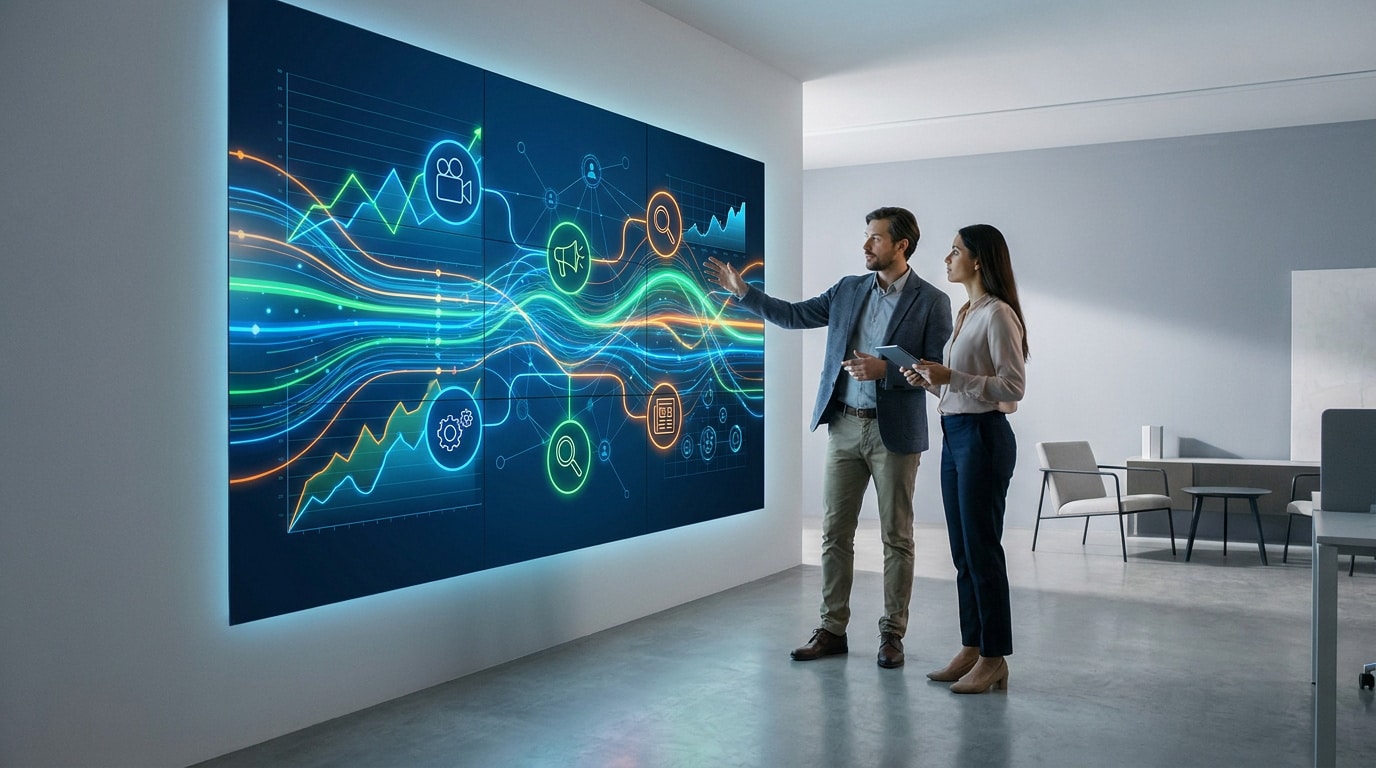 Deux professionnels analysent des données de plan média sur un grand écran interactif dans un bureau moderne.