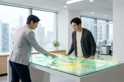Deux professionnels analysent un flux de travail Lean sur une table tactile interactive dans un bureau moderne.