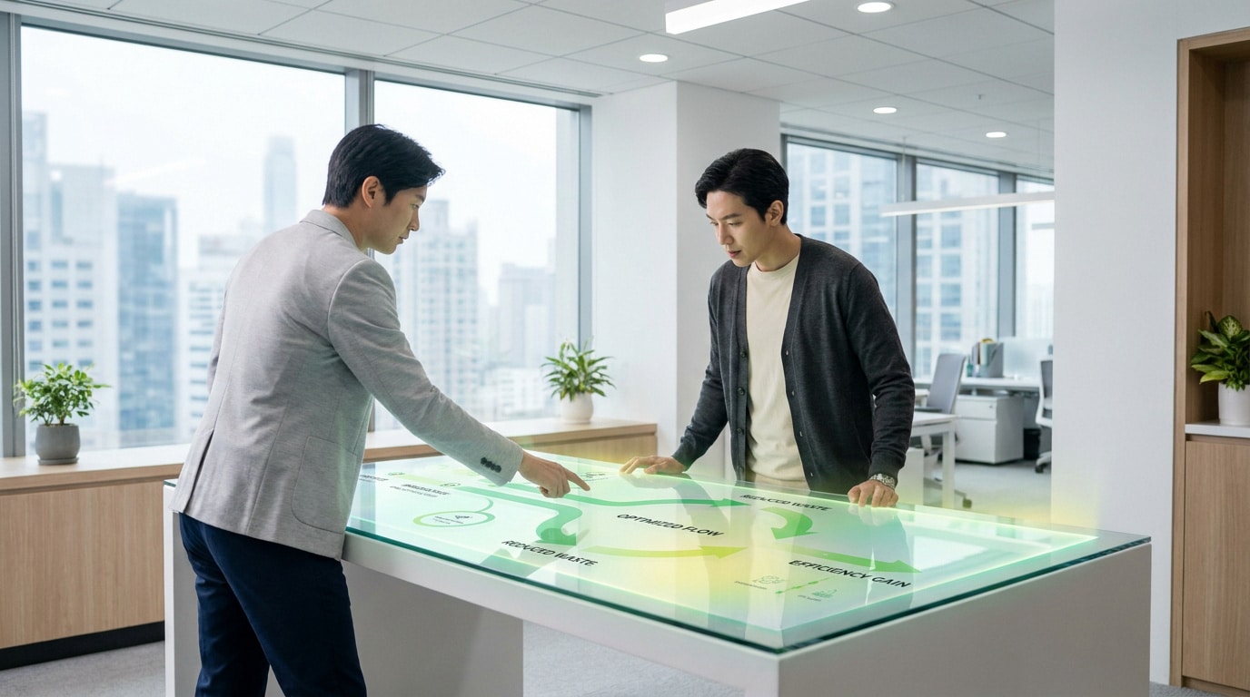 Deux professionnels analysent un flux de travail Lean sur une table tactile interactive dans un bureau moderne.