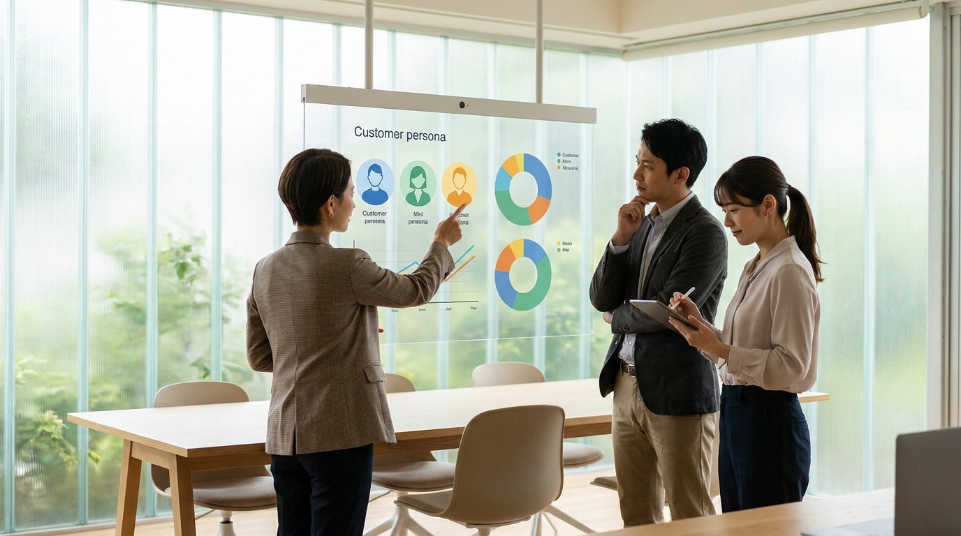Une équipe marketing analyse des données de "Customer Persona" sur un écran transparent en salle de réunion.