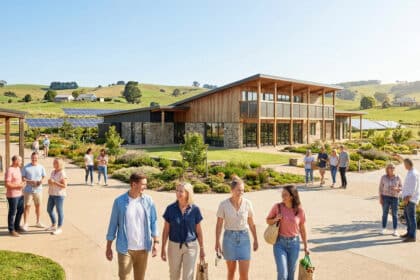 Groupe de personnes marchant près d'un bâtiment moderne éco-conçu dans un paysage rural avec des panneaux solaires.