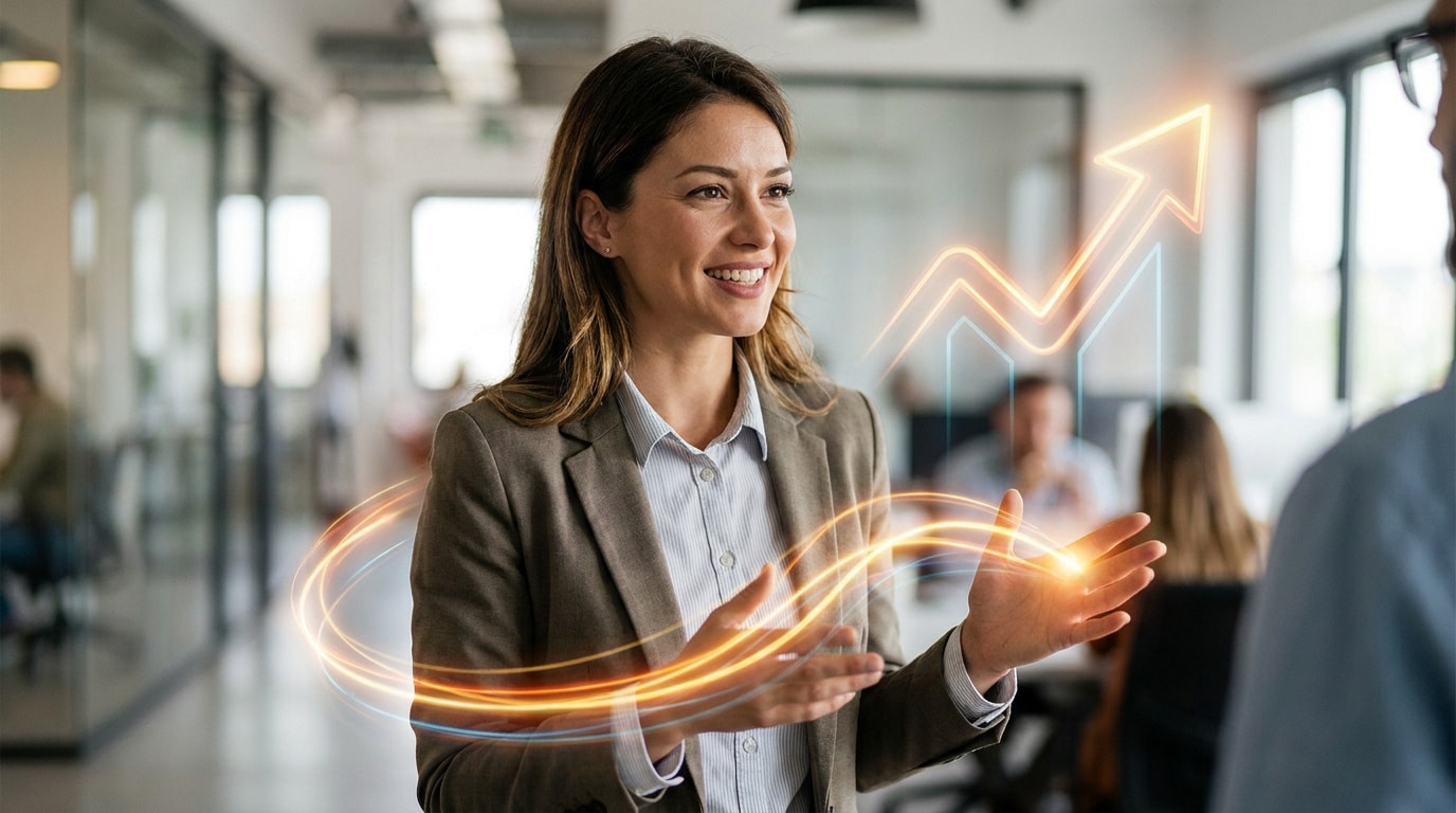 Une femme d'affaires souriante présente un graphique de croissance numérique holographique à un collègue au bureau.