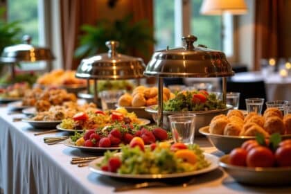 Buffet varié avec salades, fruits et pains