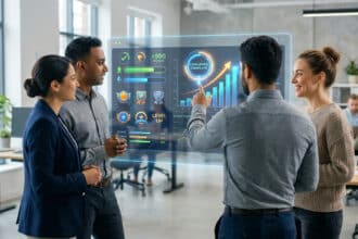 Une équipe de professionnels examine un tableau de bord numérique interactif affichant des statistiques de gamification.
