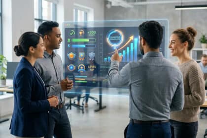 Une équipe de professionnels examine un tableau de bord numérique interactif affichant des statistiques de gamification.