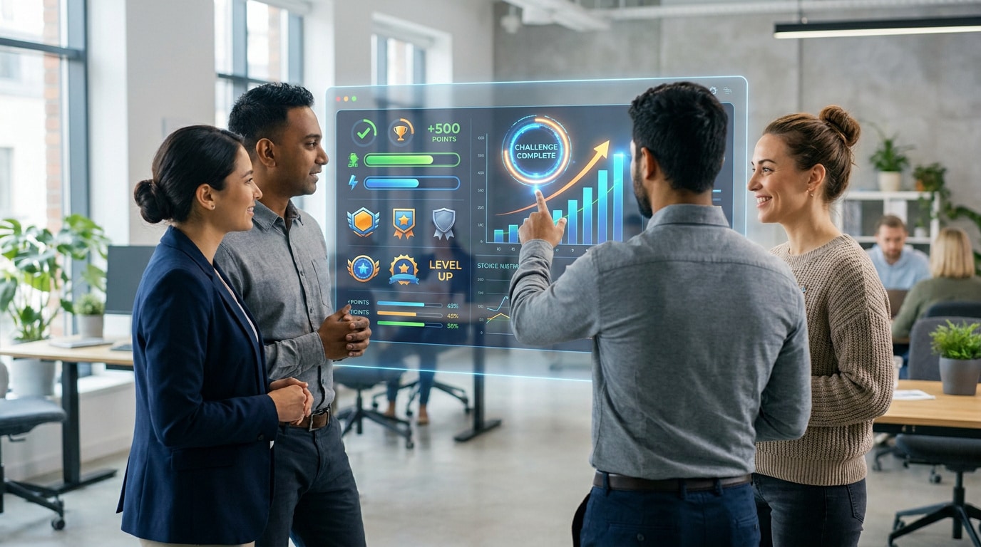 Une équipe de professionnels examine un tableau de bord numérique interactif affichant des statistiques de gamification.