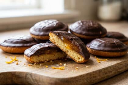 Biscuits Pims maison sur une planche en bois, l'un est coupé en deux révélant un cœur fondant à l'orange.