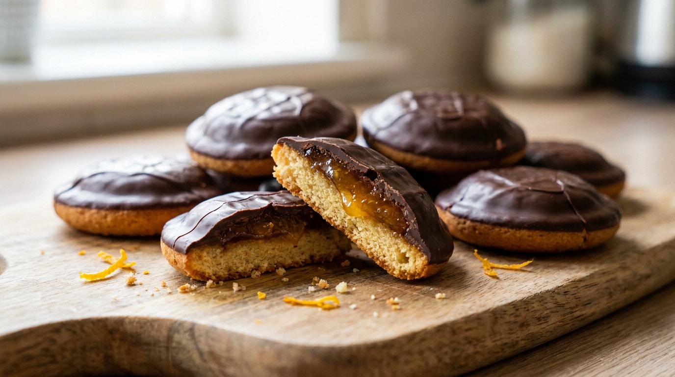 Biscuits Pims maison sur une planche en bois, l'un est coupé en deux révélant un cœur fondant à l'orange.