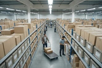 Personnel travaillant dans un grand entrepôt de type cash and carry avec des allées remplies de colis en carton.