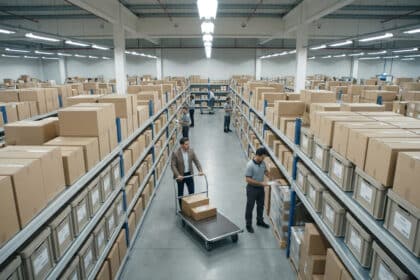 Personnel travaillant dans un grand entrepôt de type cash and carry avec des allées remplies de colis en carton.