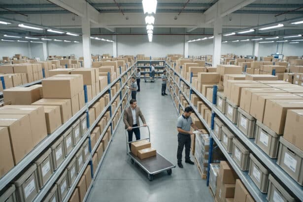 Personnel travaillant dans un grand entrepôt de type cash and carry avec des allées remplies de colis en carton.