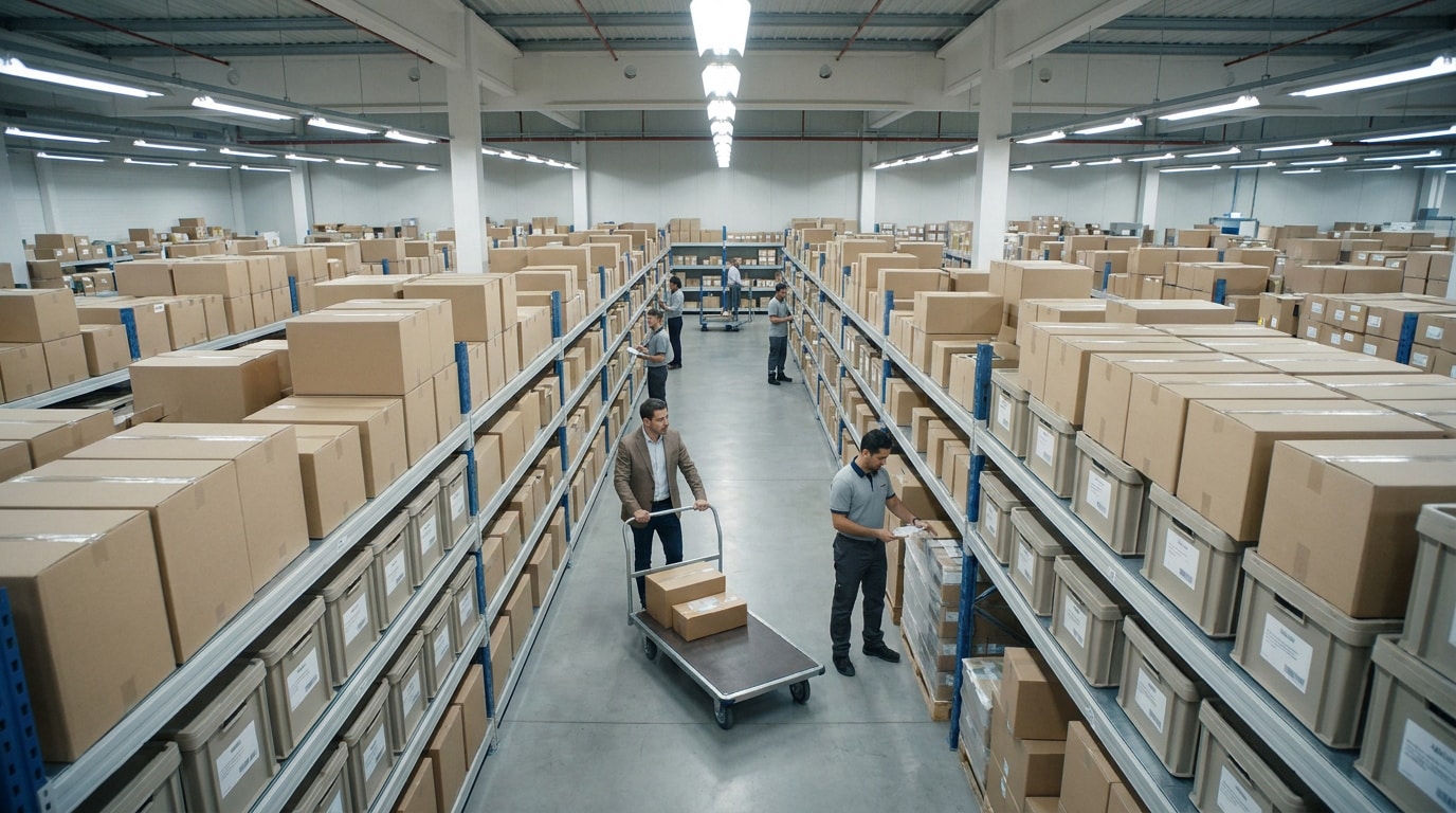Personnel travaillant dans un grand entrepôt de type cash and carry avec des allées remplies de colis en carton.