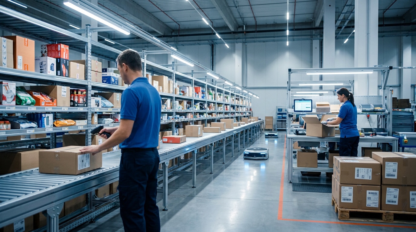 Employés travaillant dans un entrepôt automatisé avec des robots de tri et des convoyeurs.