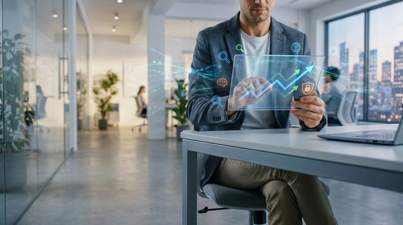 Homme d'affaires utilisant une tablette holographique avec des graphiques de croissance dans un bureau moderne.