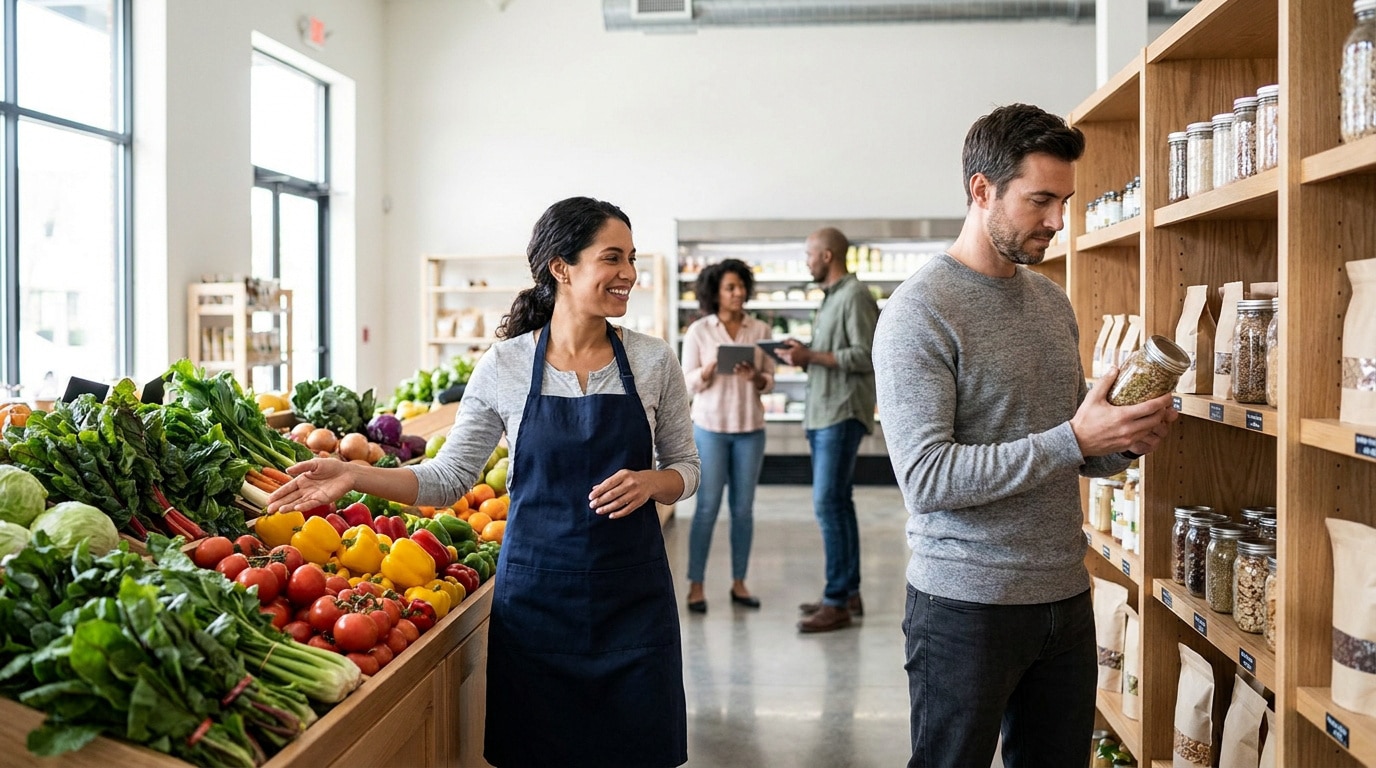 Une employée en tablier conseille un client choisissant des produits en vrac dans une épicerie bien achalandée.