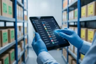 Une personne portant des gants bleus utilise une tablette pour vérifier une liste de références SKU dans un entrepôt.