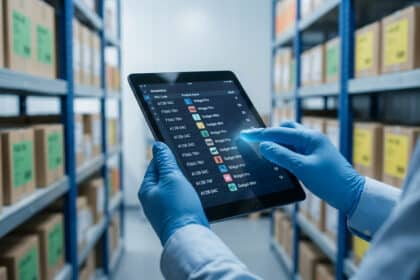 Une personne portant des gants bleus utilise une tablette pour vérifier une liste de références SKU dans un entrepôt.